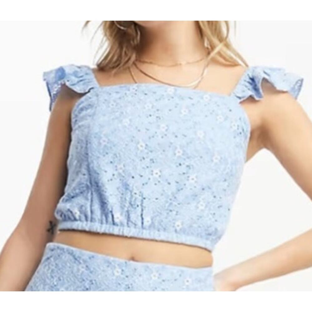 Vero Moda Broidery Crop Top Floral Lace Frill Flutter Sleeve Blue & White NWT L